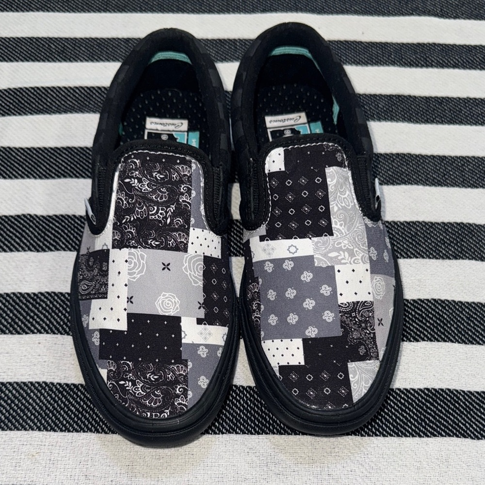 Vans Custom Black and Gray Patchwork Slip on Sneakers